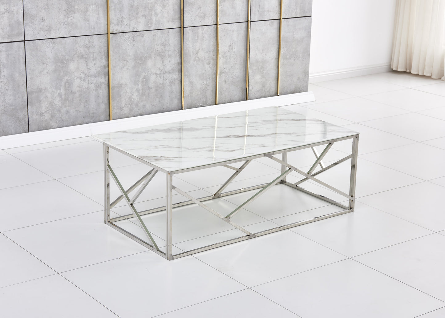 Table Basse Geomag – Pieds Inox & Plateau Marbre Blanc 120x60x45 cm