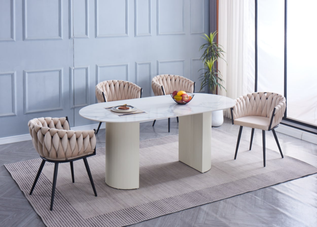 Table à manger Anna – Pieds beige et plateau céramique effet marbre blanc 180x90x75 cm