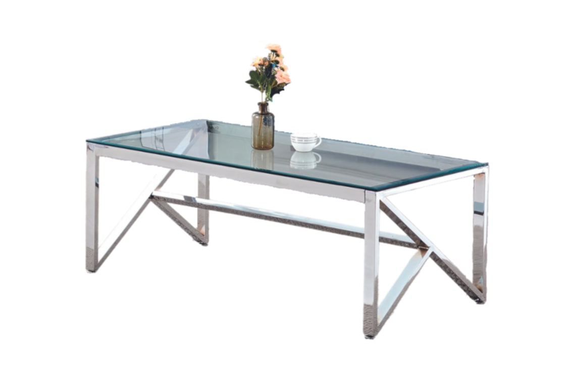 Table Basse Majestique – Métal Chrome & Plateau Transparent 120x60x45 cm