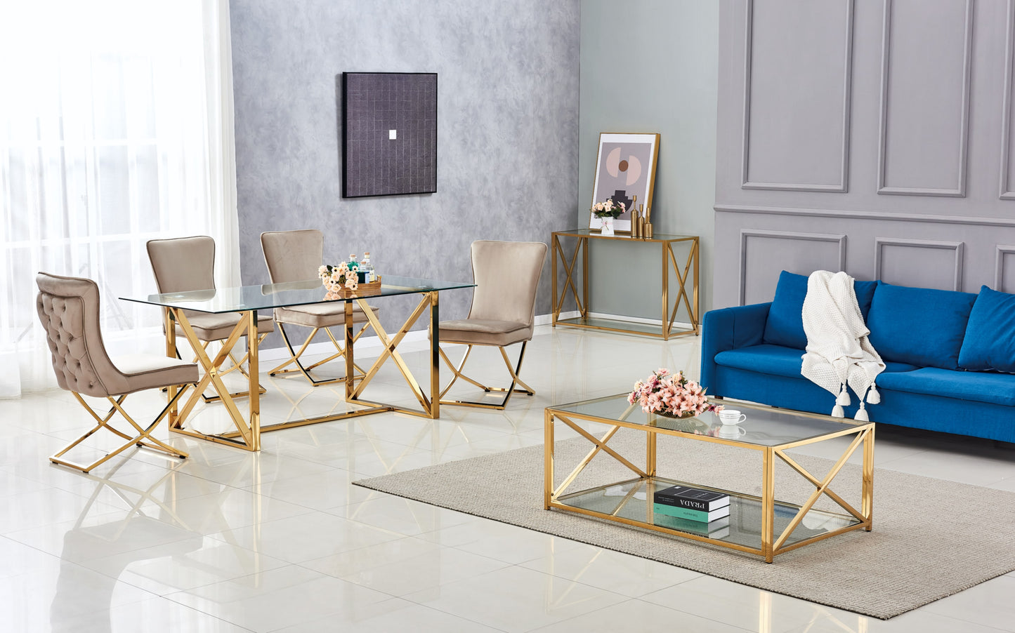 Table repas Kensy – Pieds gold et plateau transparent 180x90x75 cm