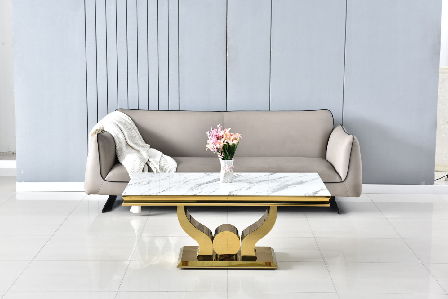 Table Basse Trofy – Gold & Marbre Blanc 120x70x49 cm