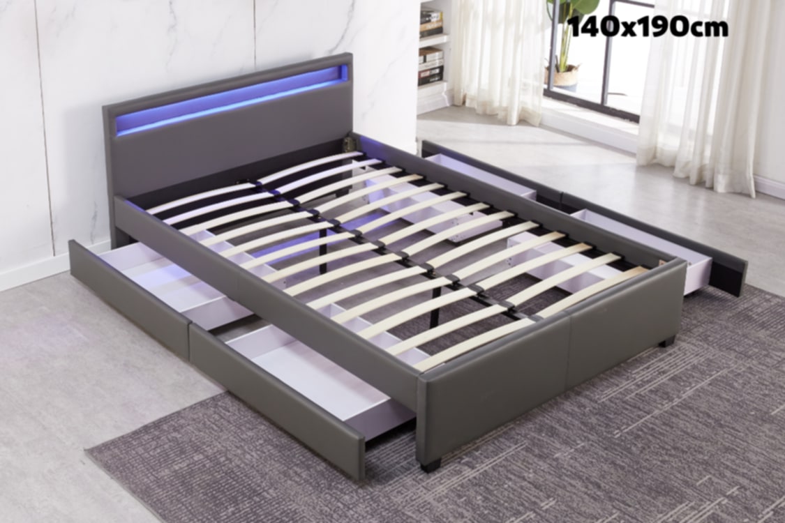Lit LED en Similicuir Gris avec Tiroirs – 140x190 cm