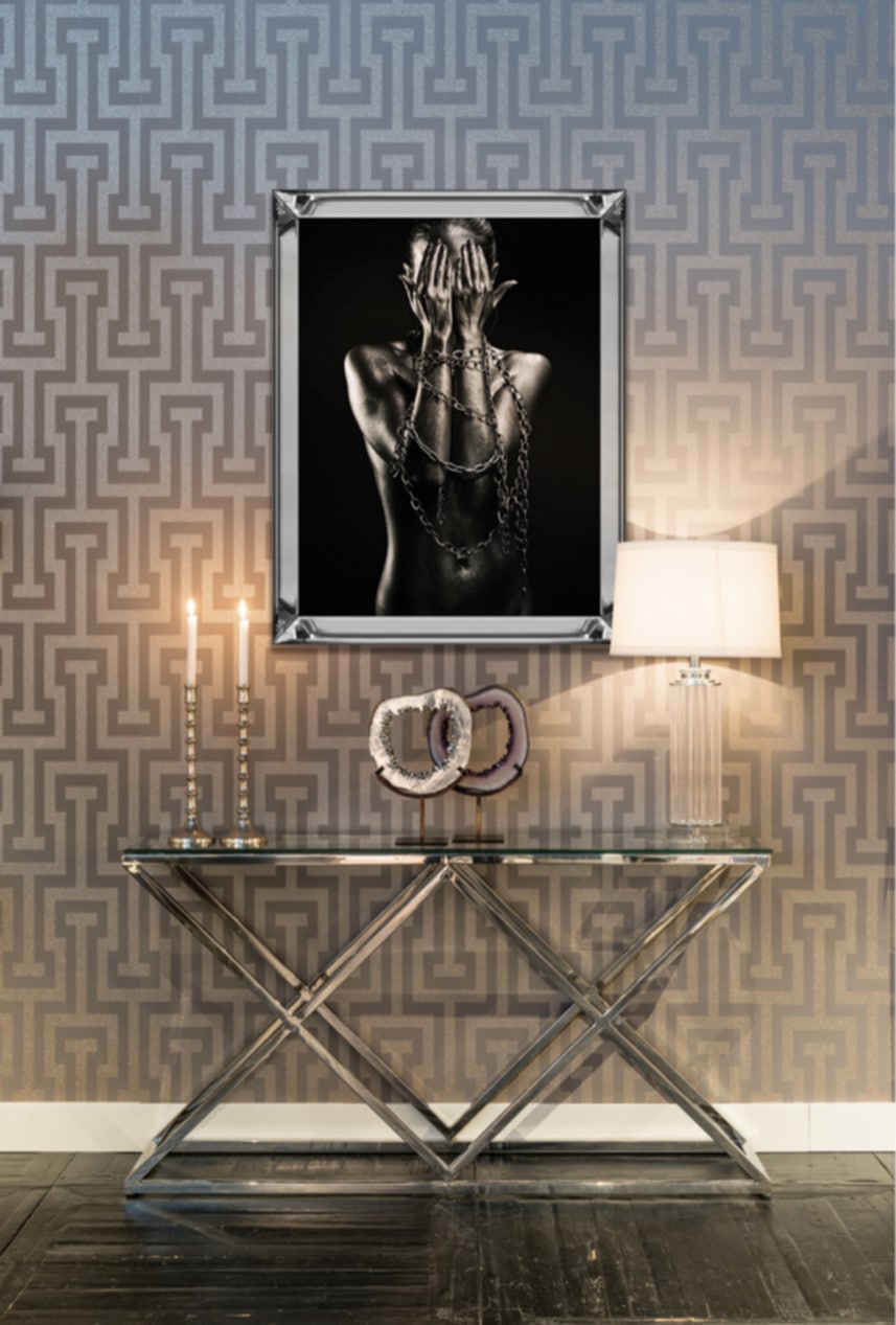 Console Triangle en Chrome avec Plateau Verre Transparent – 120x40 cm