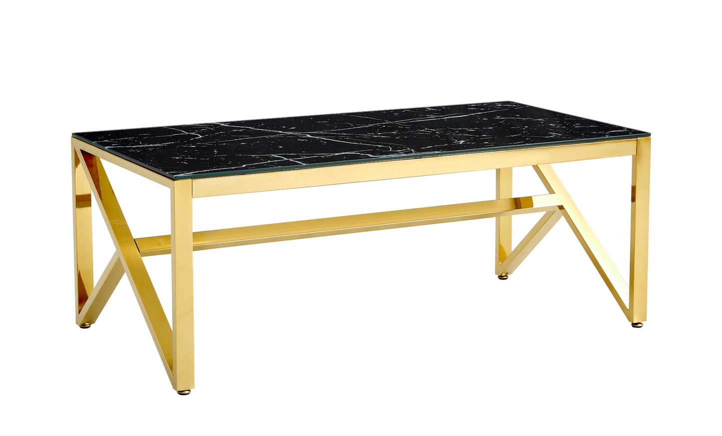 Table Basse Majestique – Pieds Gold & Plateau Verre Effet Marbre Noir 120x60x45 cm