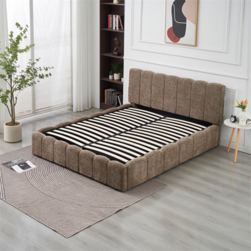 Lit Double Coffre Moon – Tissu Chenille Moka 140x190 cm