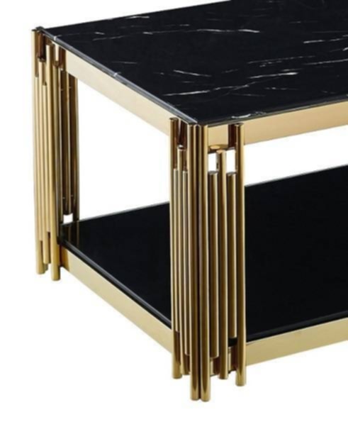 Table Basse Flute – Pieds Gold, Plateau Noir & Marbre Noir 120x60x45 cm