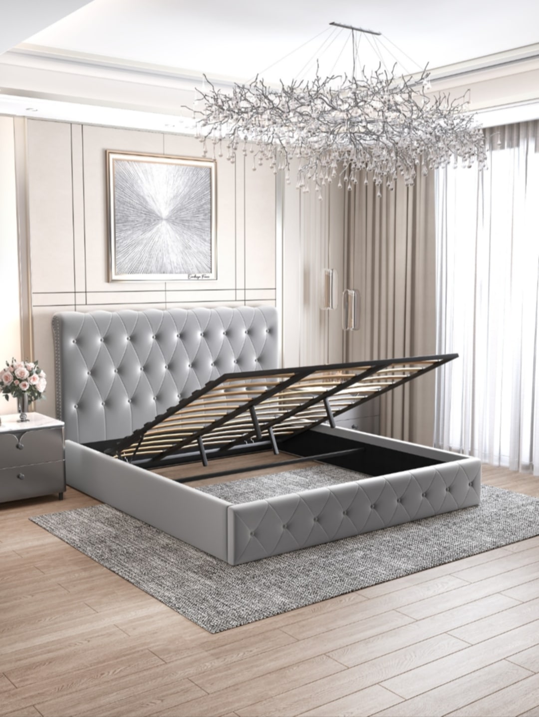 Lit Coffre Crosica en Velours Gris 140x190 cm