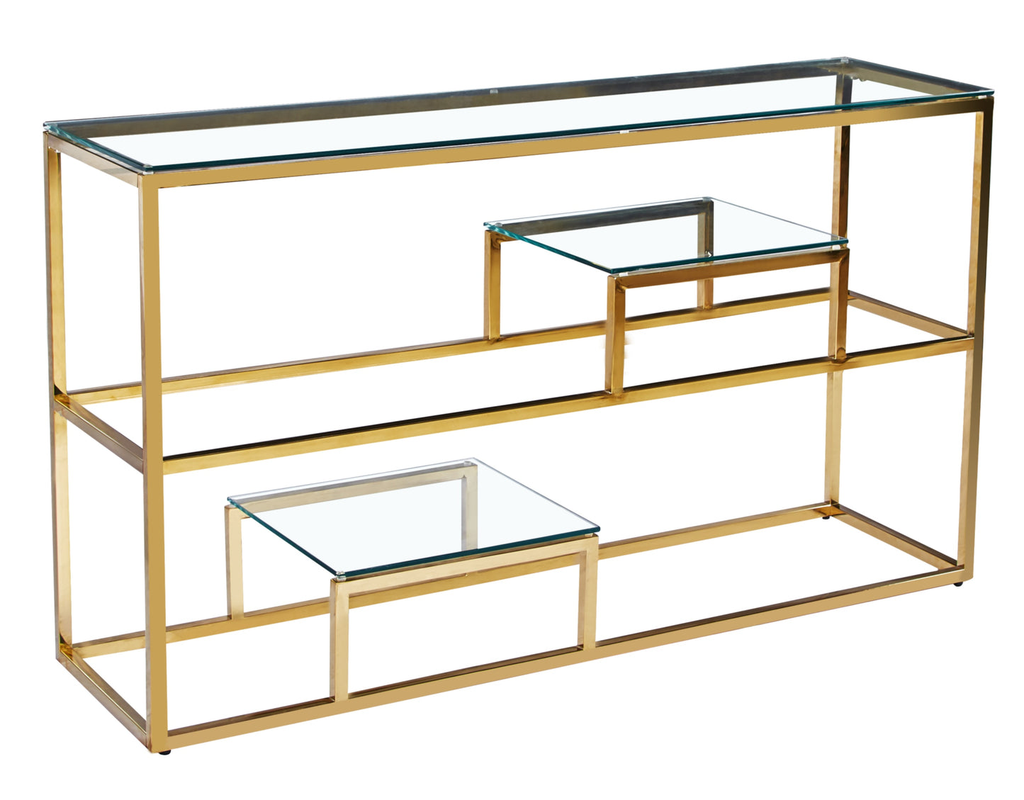 Console Romy à Étagères en Métal Doré avec Plateau Verre Transparent – 120x40x80 cm