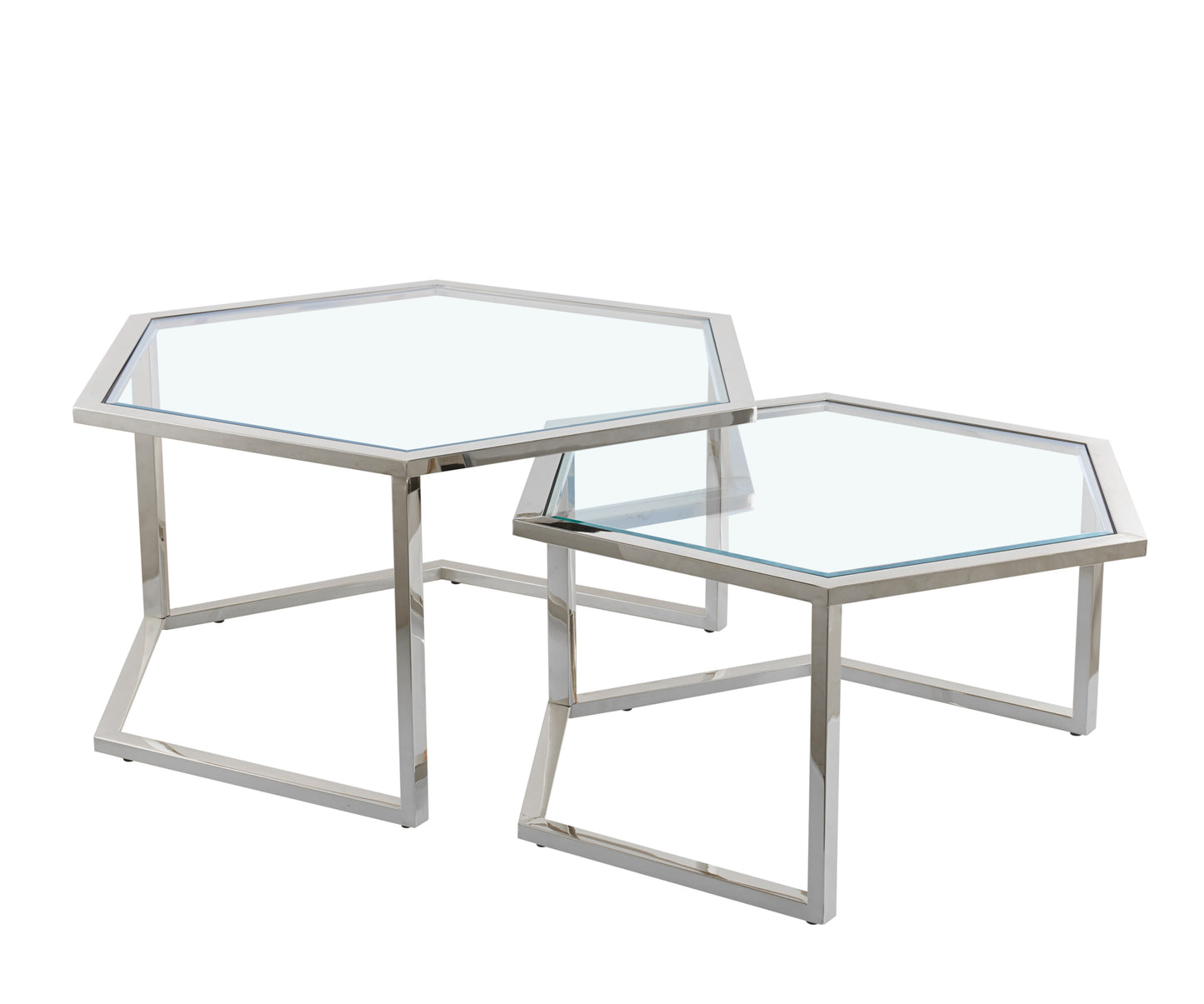 Table Basse Gigogne Hexagona – Chrome & Plateau Transparent 79x40,5 + 59x3