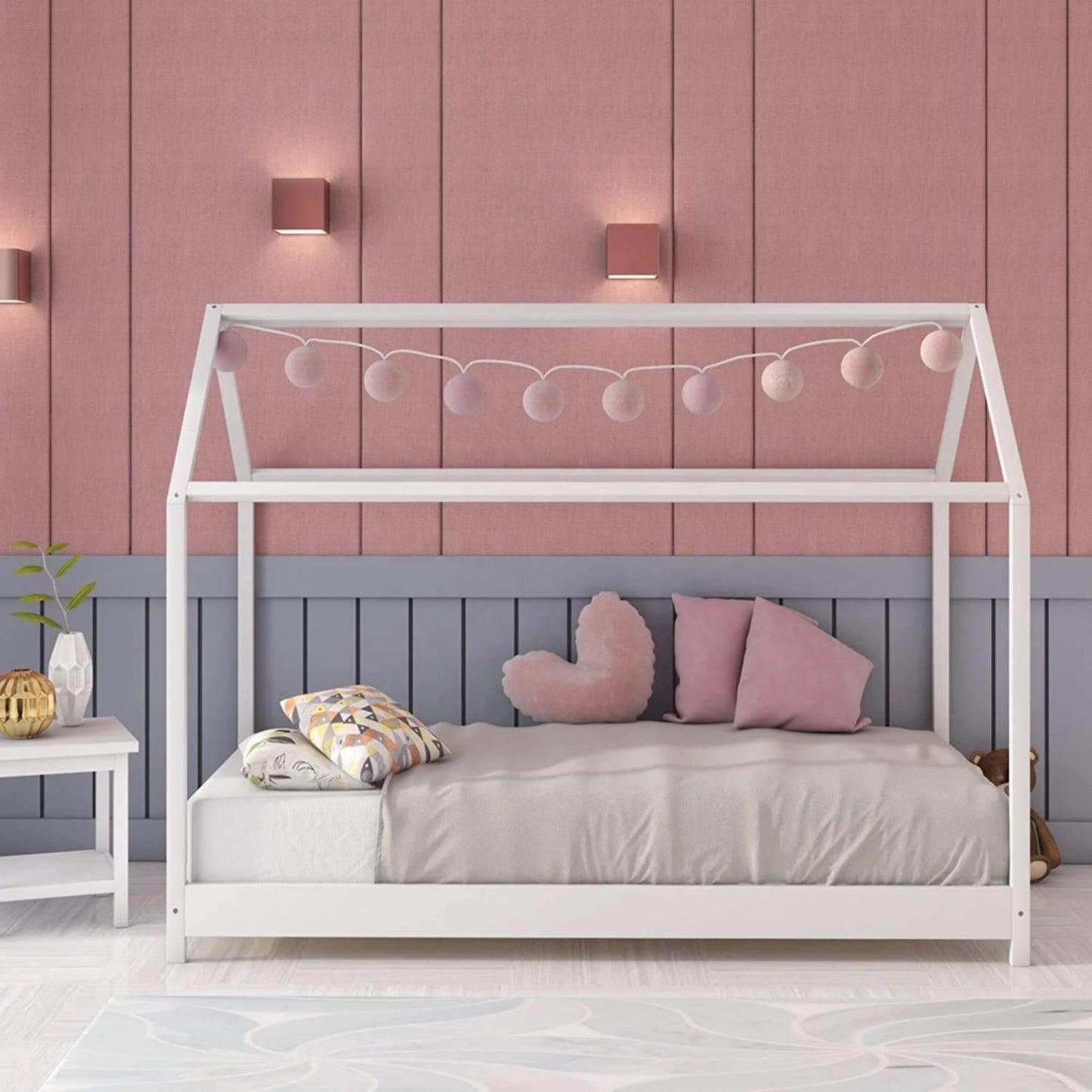 Lit cabane en bois blanc 90x190 cm – Design ludique et chaleureux