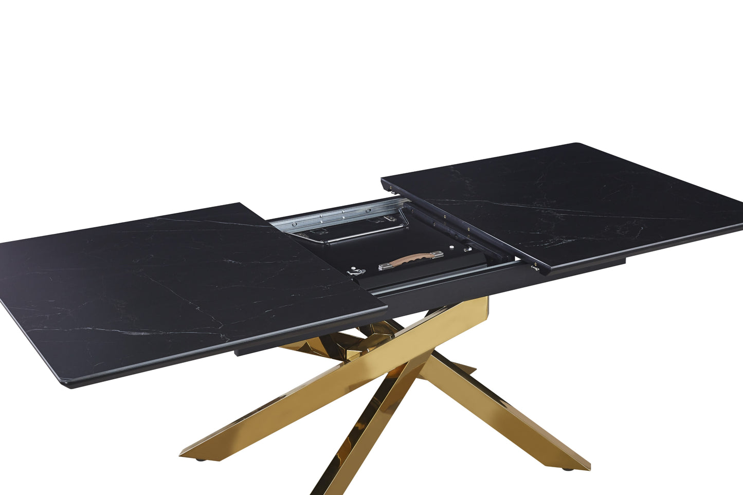 Table extensible Agathe – Pieds gold et plateau céramique effet marbre noir 160/200x90x75 cm