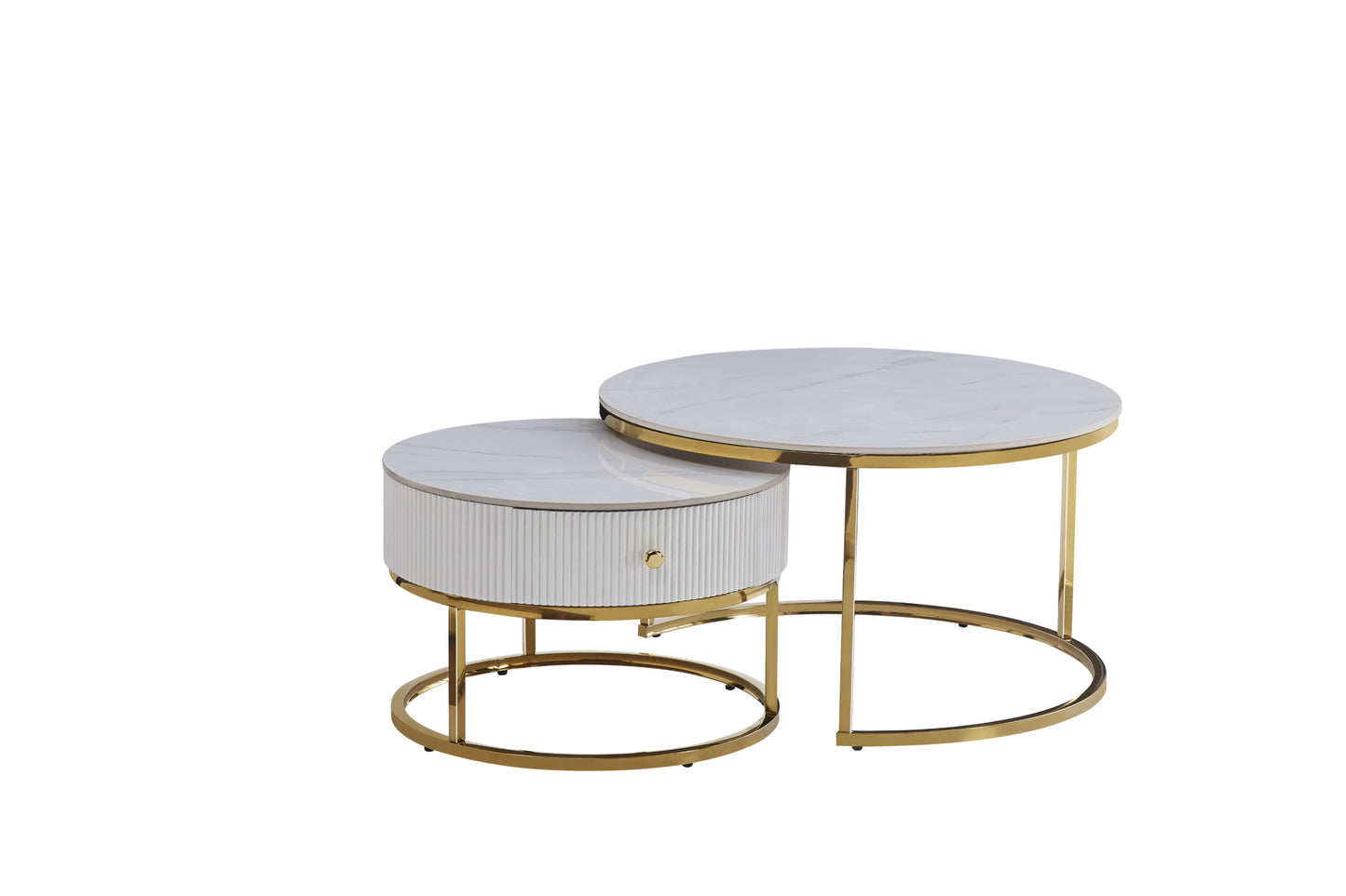 Table Basse Gigogne Samira – Tiroir Gold & Plateau Céramique Effet Marbre Blanc 80+60 cm