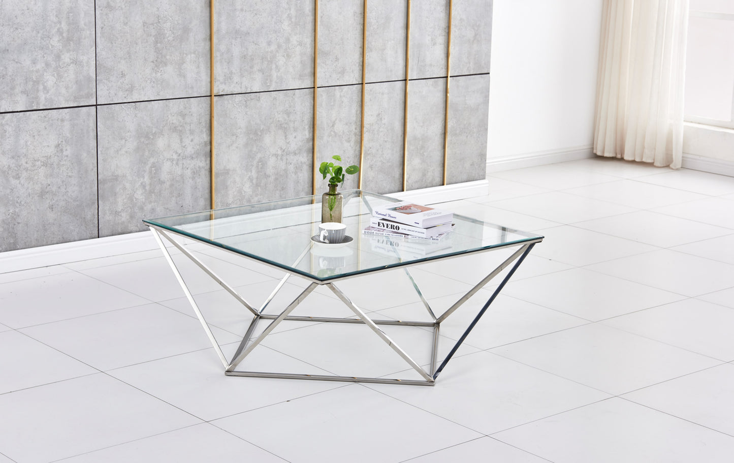 Table Basse Alina – Chrome & Plateau Transparent 80x80x45 cm