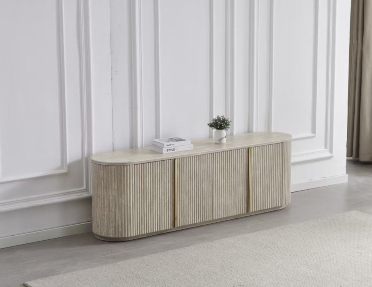 Meuble TV Calypso – Noyer avec Plateau en Céramique Effet Travertin 180 cm