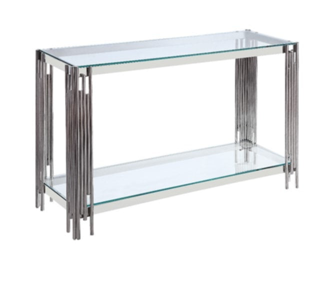 Console Flute en Chrome avec Plateau Verre Transparent – 120x40x78 cm