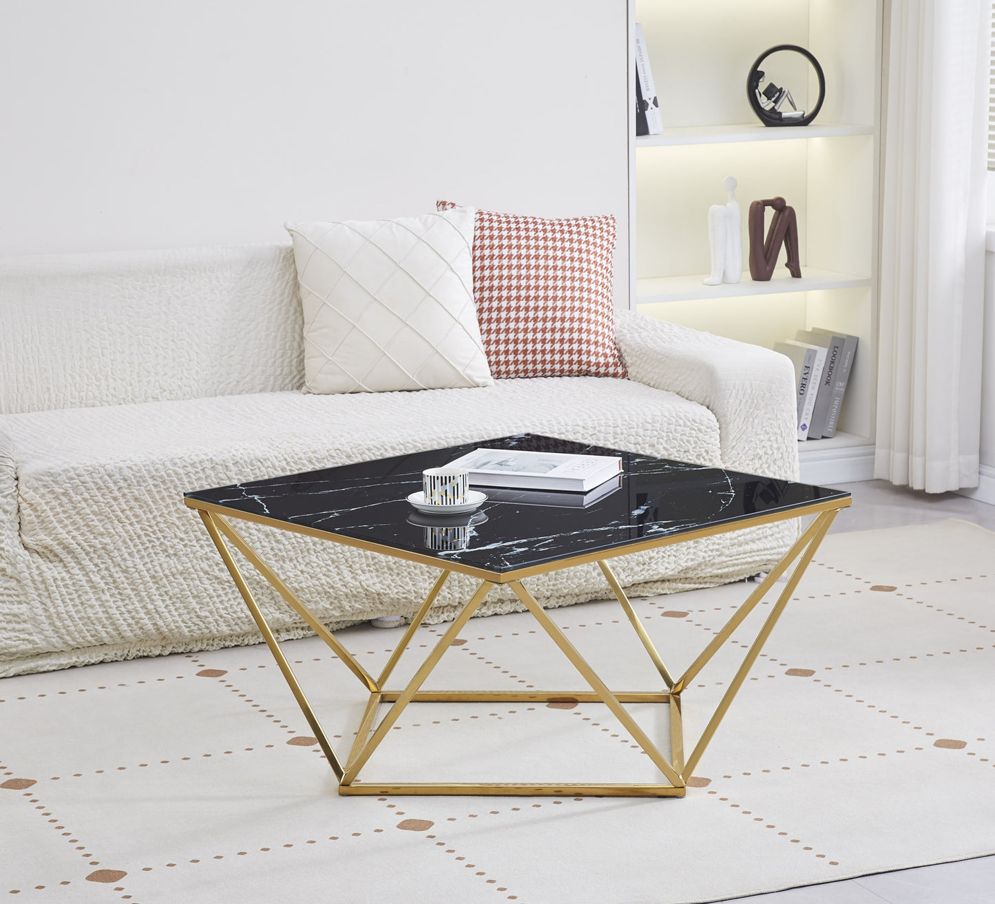 Table Basse Alina Gold – Plateau Marbre 100x100x45 cm
