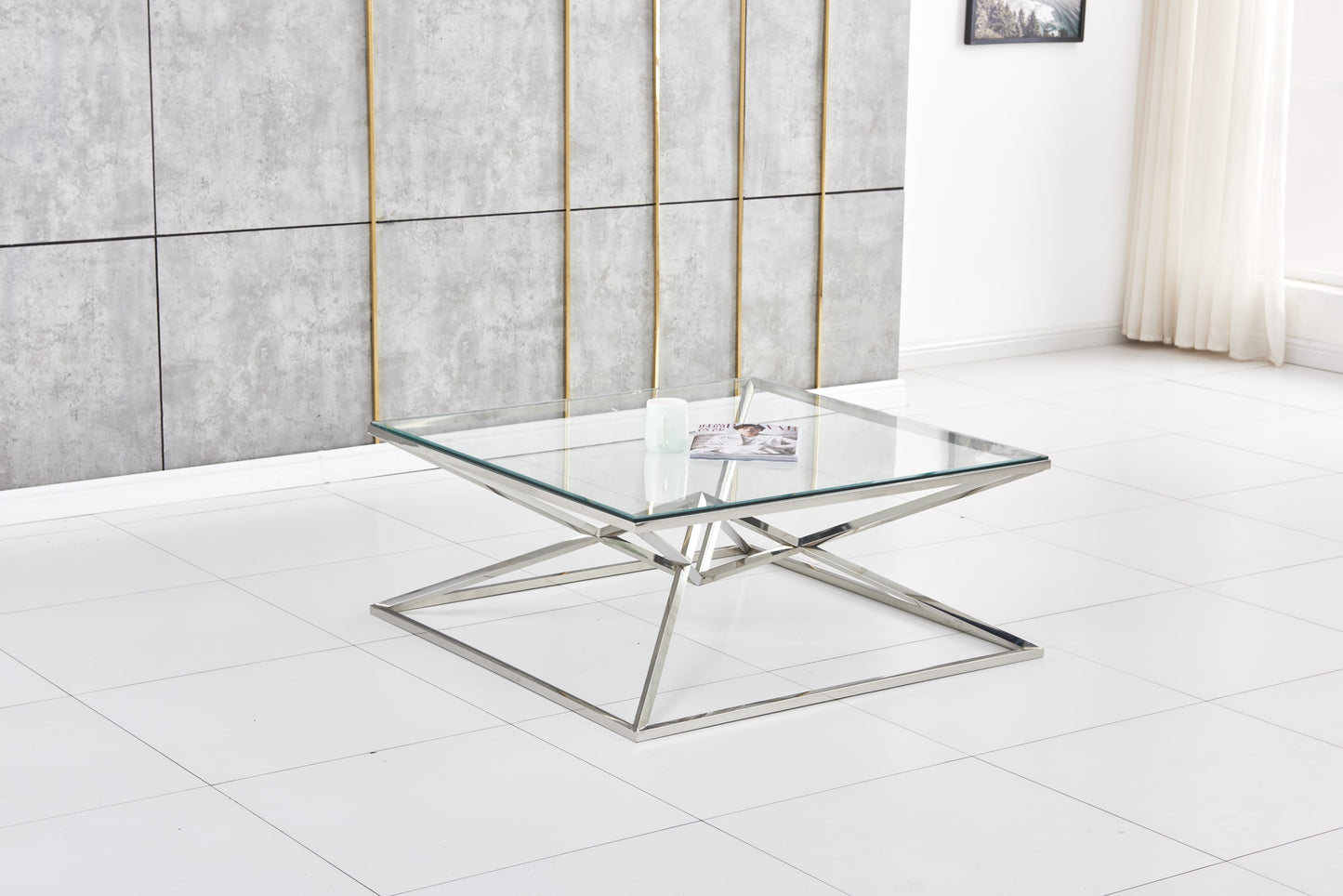 Table Basse Carrée Pyramide – Pieds Chrome & Design Moderne 100x100x45 cm
