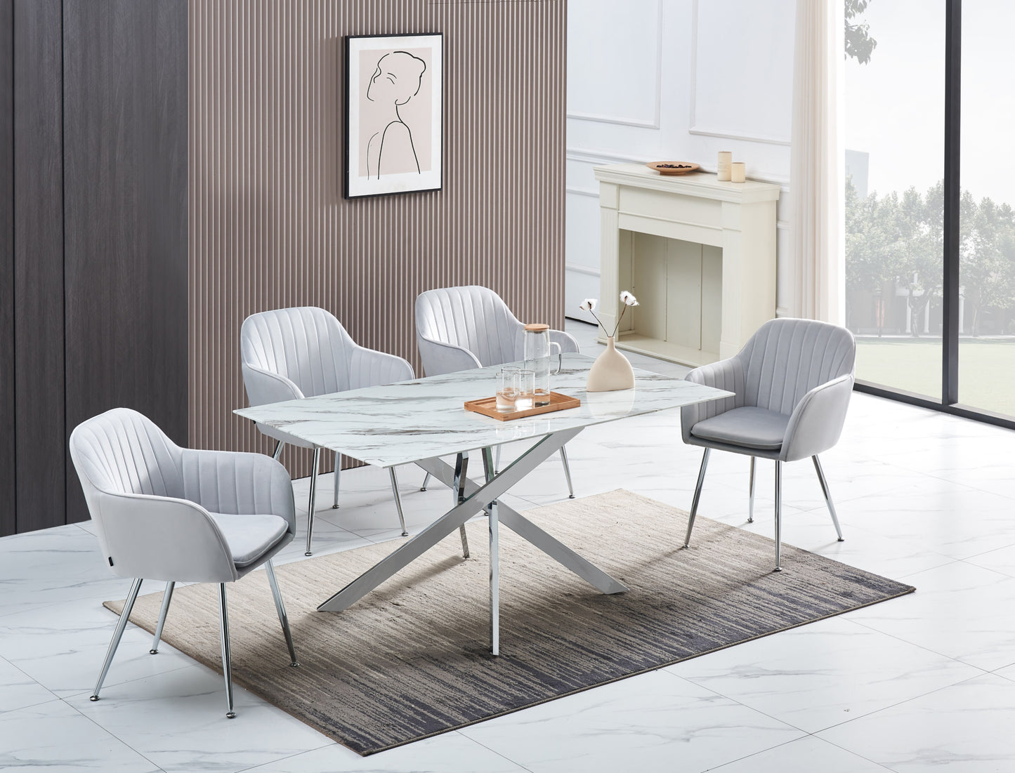 Table repas Vendôme – Plateau effet marbre avec 4 chaises – 100x100x75 cm