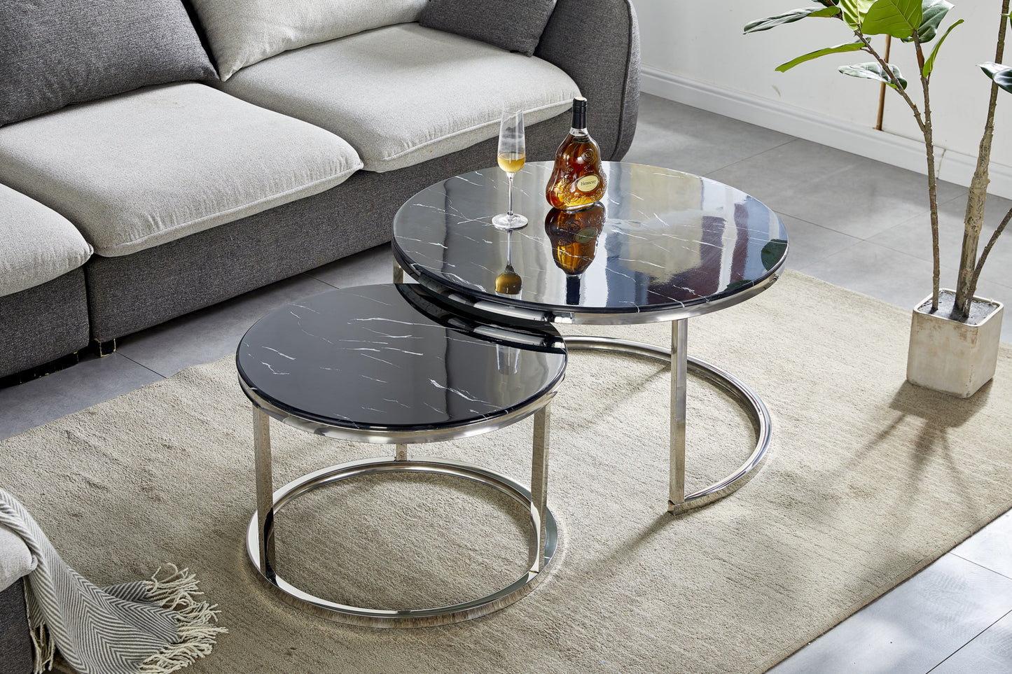 Tables Basses Gigognes Romeo – Pieds Inox & Plateau Marbre Noir 80x45 + 60x38 cm