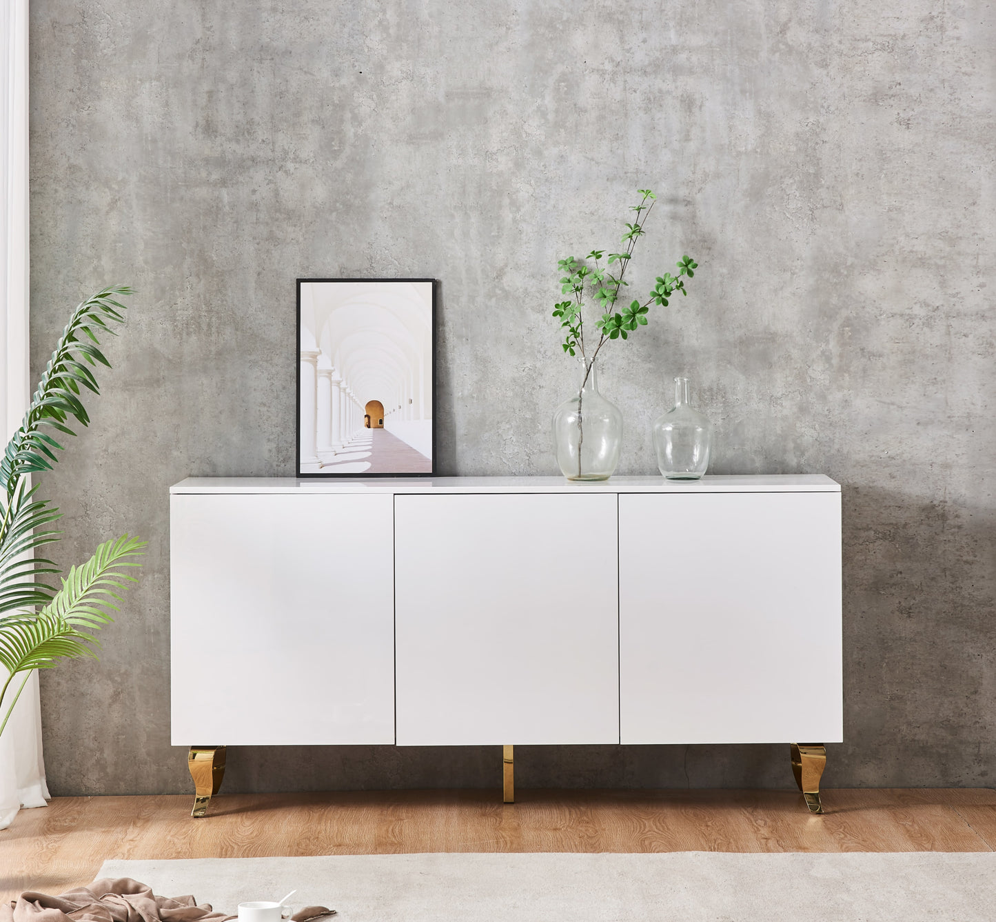 Buffet baroque laqué blanc et noir 3 portes 160x40x80 cm – Pieds dorés élégants