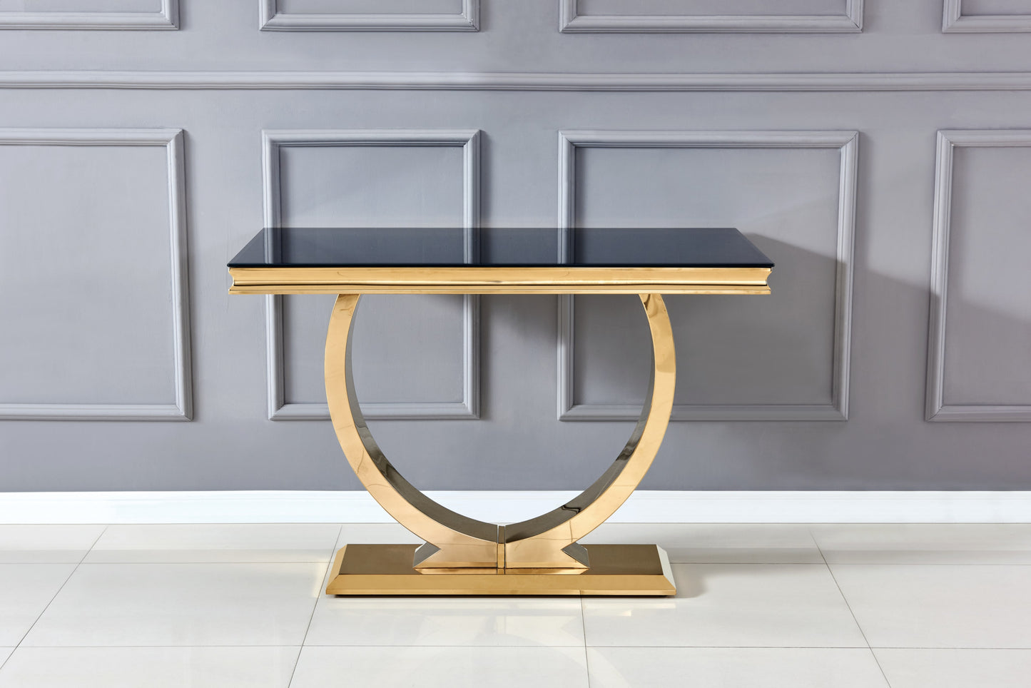Console Omega en Métal Doré avec Plateau en Verre Noir – 120x40x78 cm