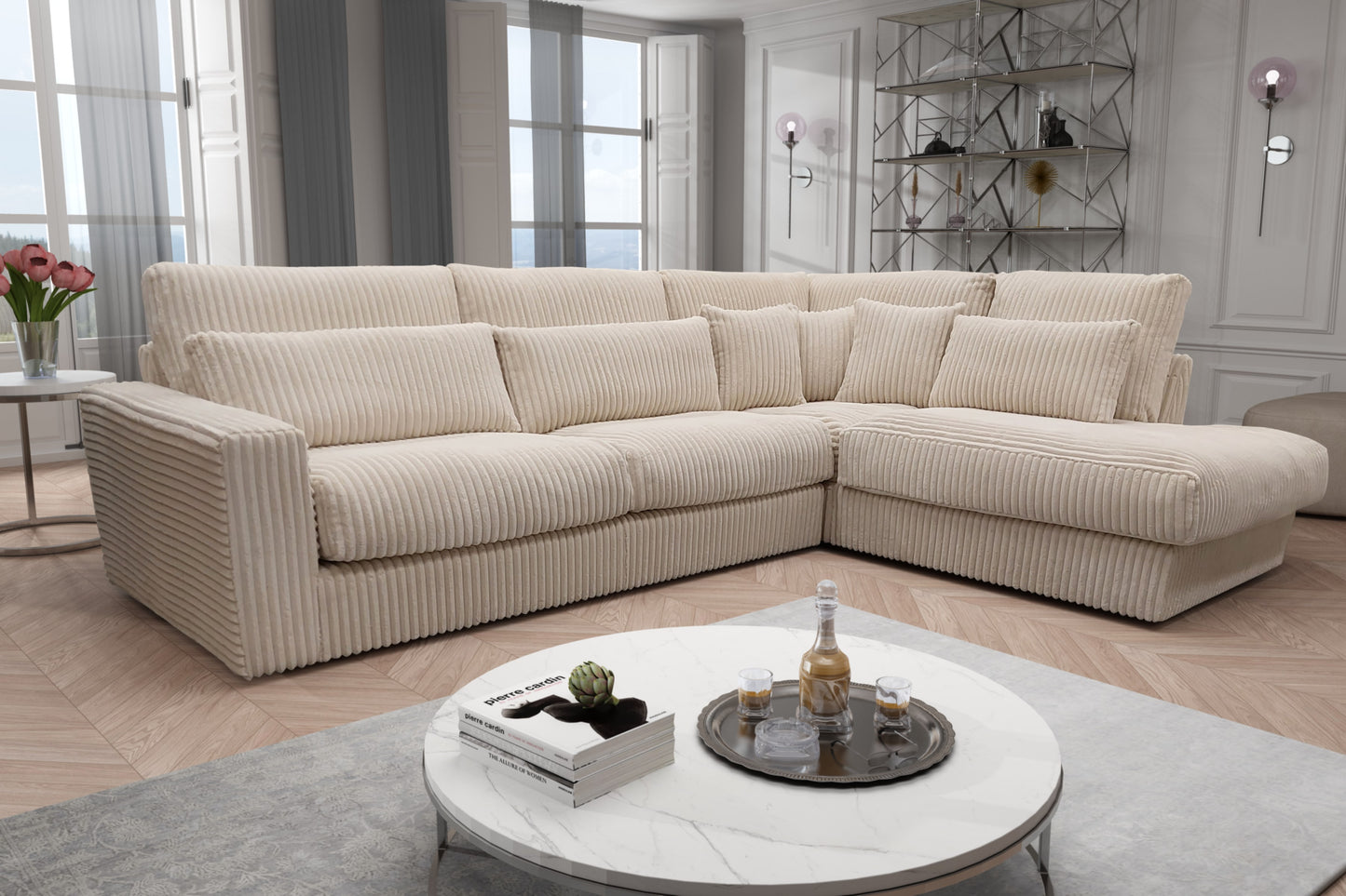 Canapé Ambert – Grand canapé d’angle droit en tissu lapin 320 x 320 cm