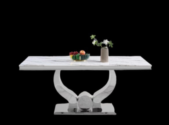 Table repas Trofy – Pieds chrome et plateau effet marbre blanc 180x90x75 cm