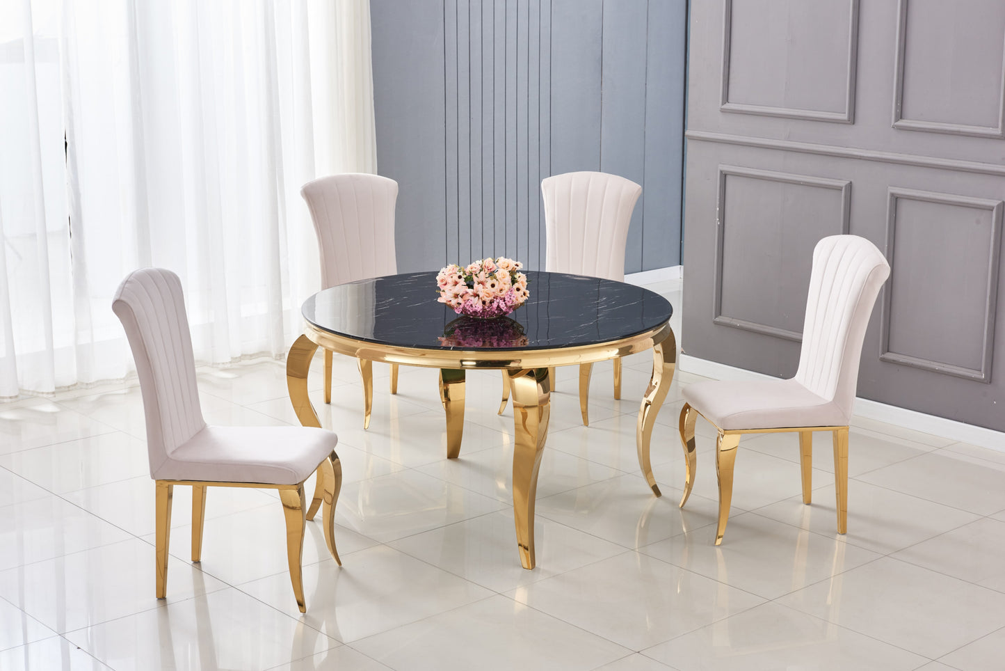 Table repas Baroque ronde – Pieds gold et plateau effet marbre noir Ø130x75 cm
