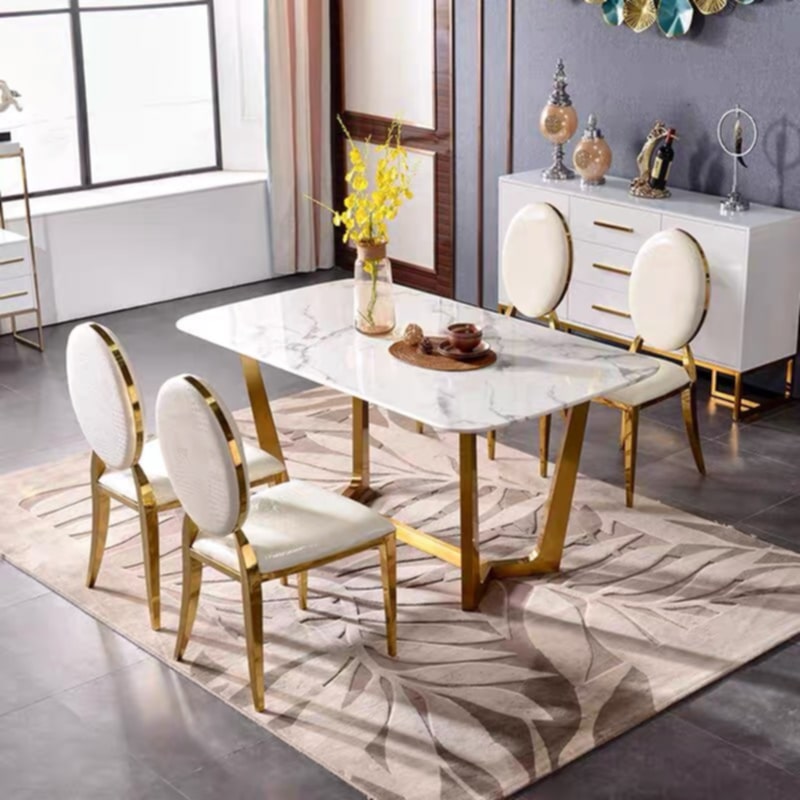 Table à manger Gossip – Pieds gold et plateau effet marbre blanc 180x90x75 cm