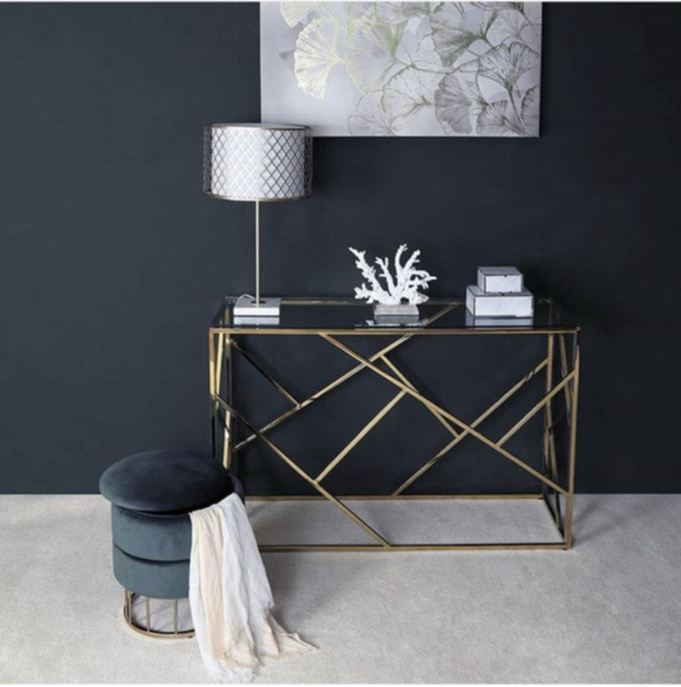 Console Geomag en Métal Doré avec Plateau Verre Transparent – 120x40x78 cm