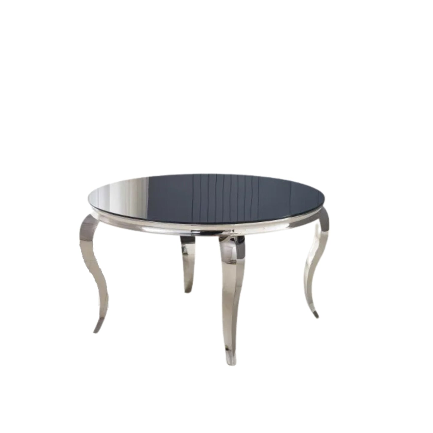 Table repas Baroque – Plateau rond noir et pieds chrome 130x75 cm