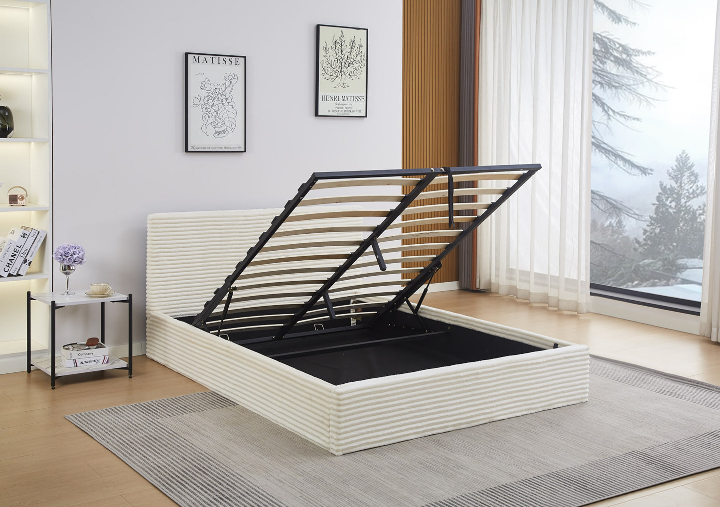 Lit Coffre Maia – Tissu Côtelé Beige 140x190 cm
