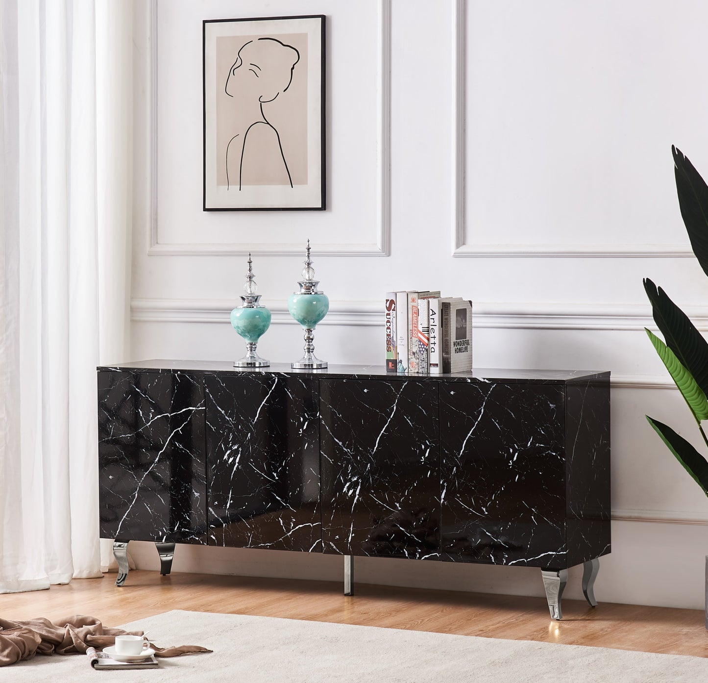 Buffet baroque laqué marbre noir 4 portes 180x40x80 cm – Pieds chromés élégants