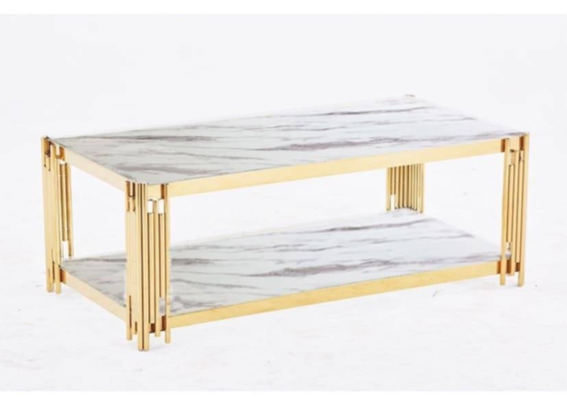 Table Basse Flute – Pieds Gold & Plateau Marbre Blanc 120x60x45 cm