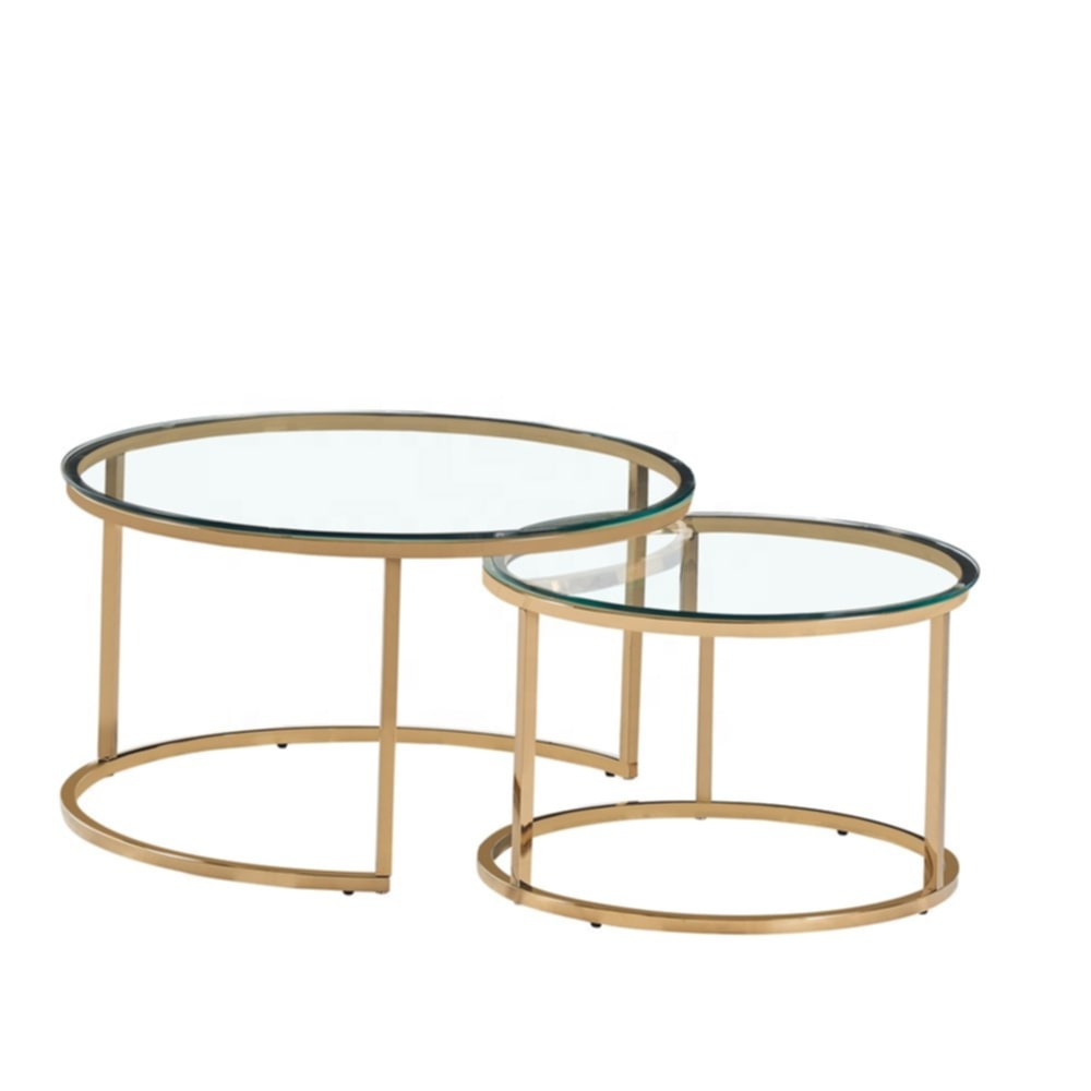 Tables Basses Gigognes – Pieds Gold & Plateaux Transparants 80x45 + 60x38 cm