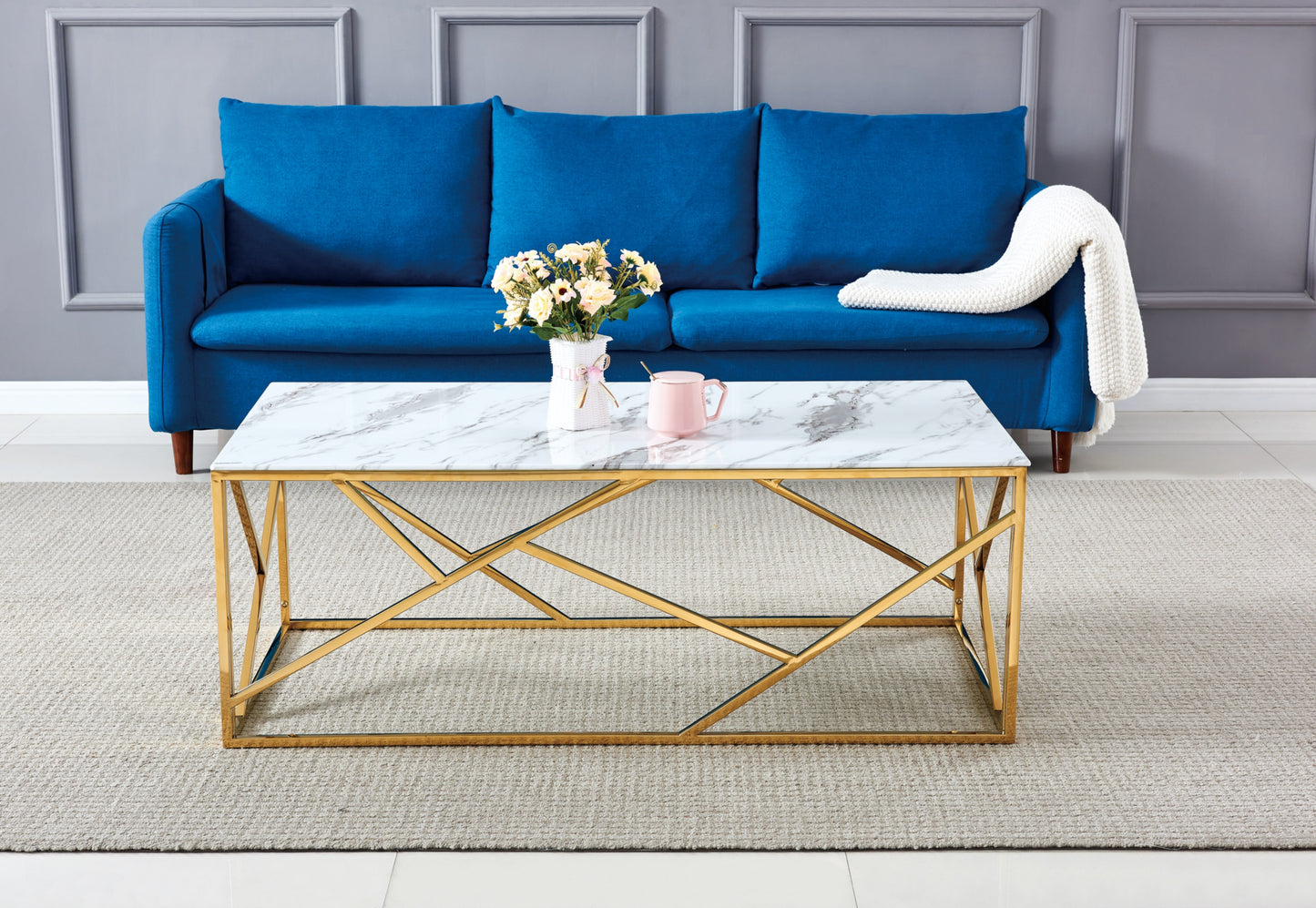 Table Basse Geomag – Métal Gold & Plateau Marbre Blanc 120x40x45 cm