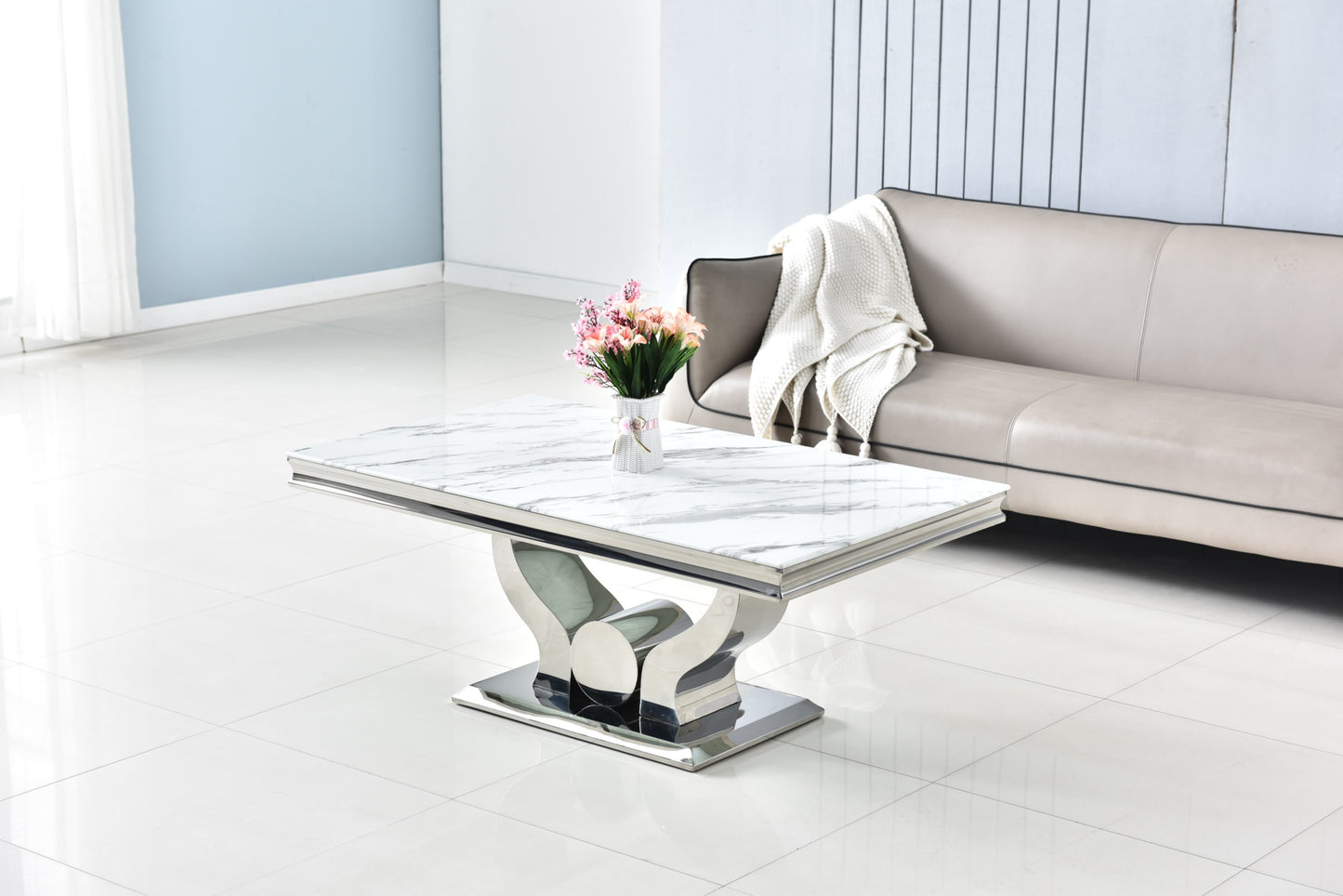 Table Basse Trofy – Plateau Marbre Blanc 120x70x49 cm