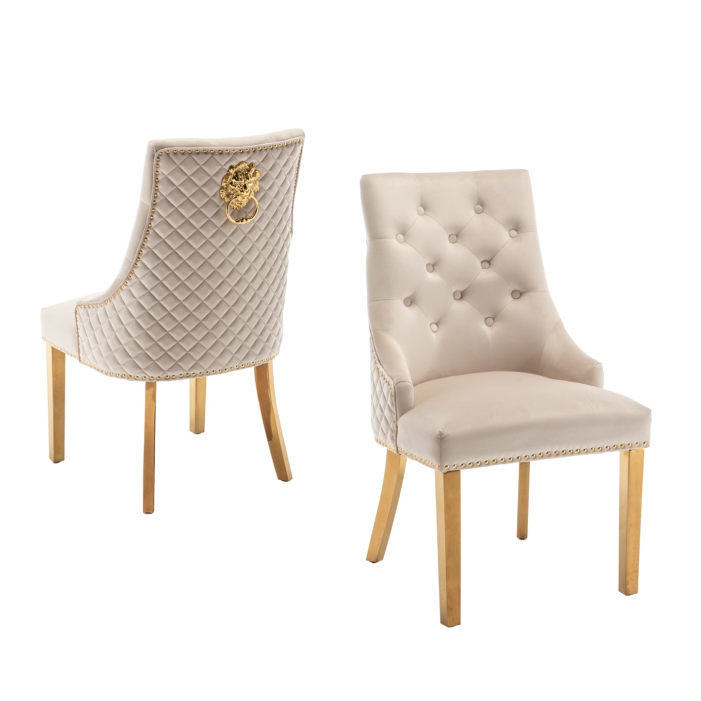 Chaise Lion Matelassée en Velours Beige avec Pieds Dorés – Élégance Prestige