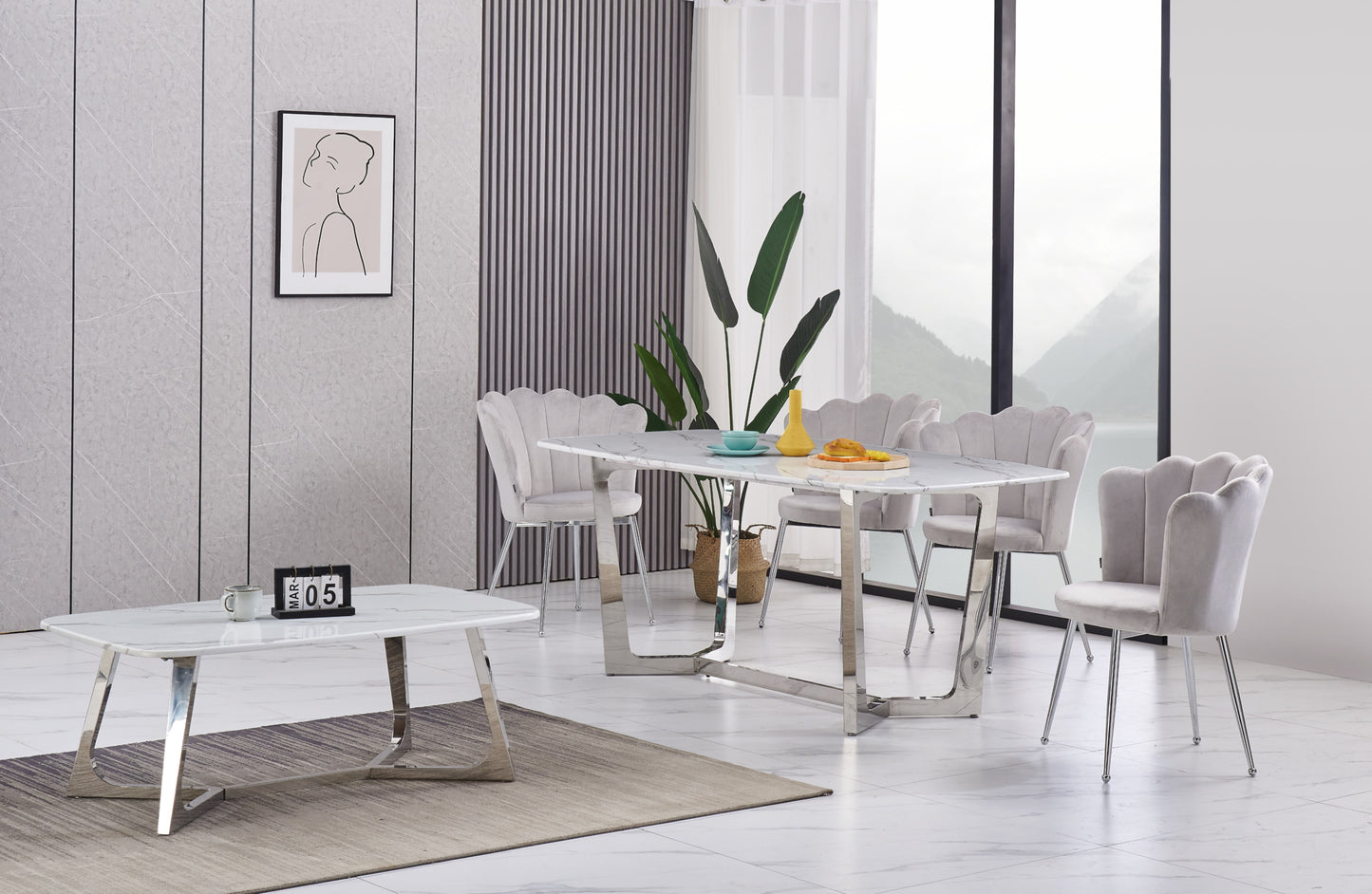 Table à manger Gossip – Pieds chrome et plateau effet marbre blanc 180x90x75 cm