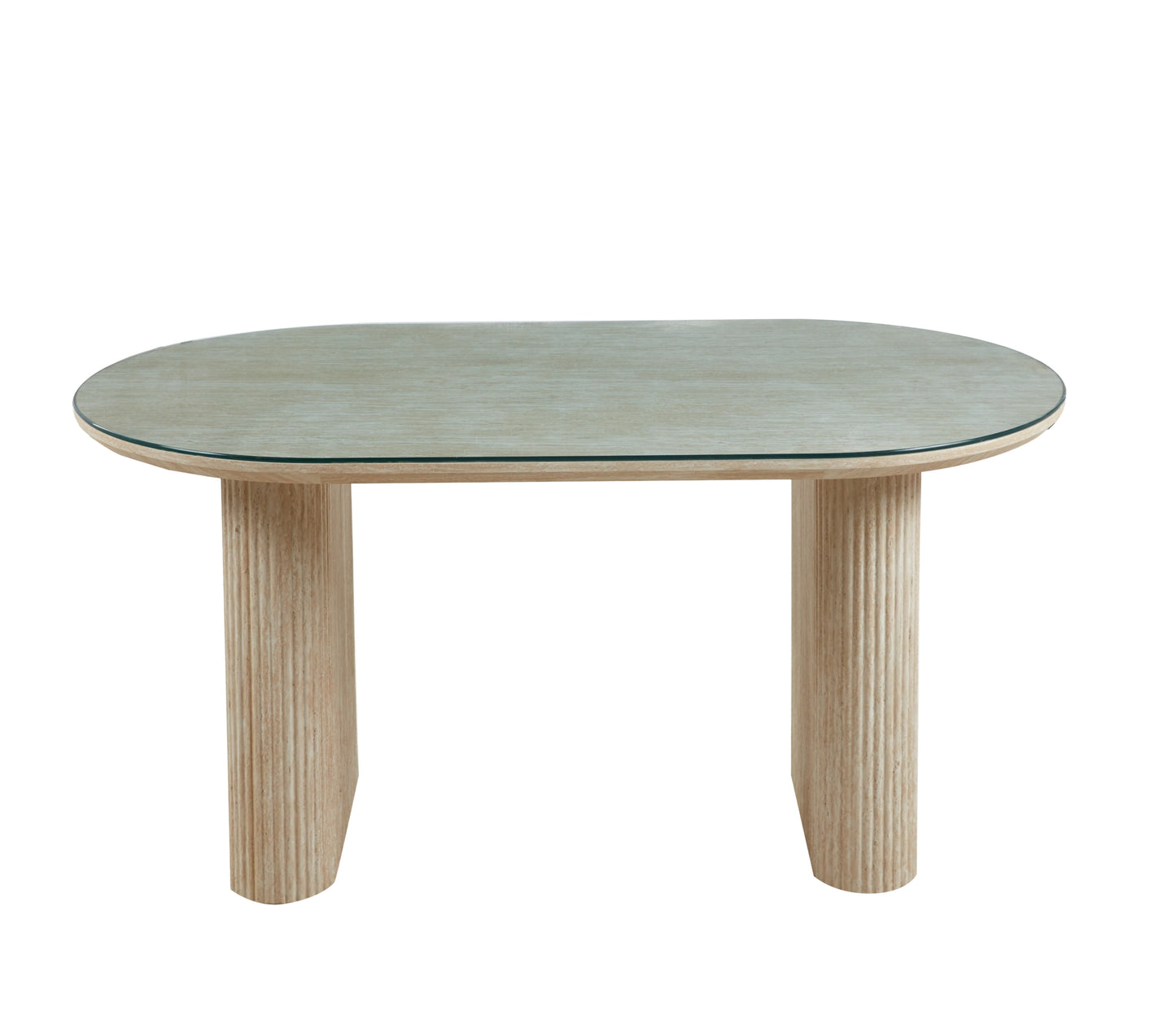 Table à manger Roxy – Pieds effet travertin et plateau transparent 160x90x75 cm
