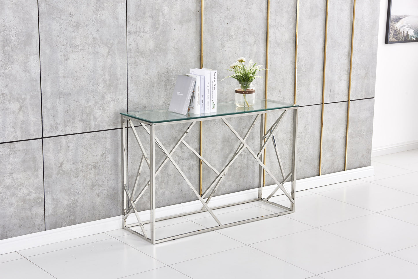 Console Geomag en Chrome avec Plateau Verre Transparent – 120x40x78 cm