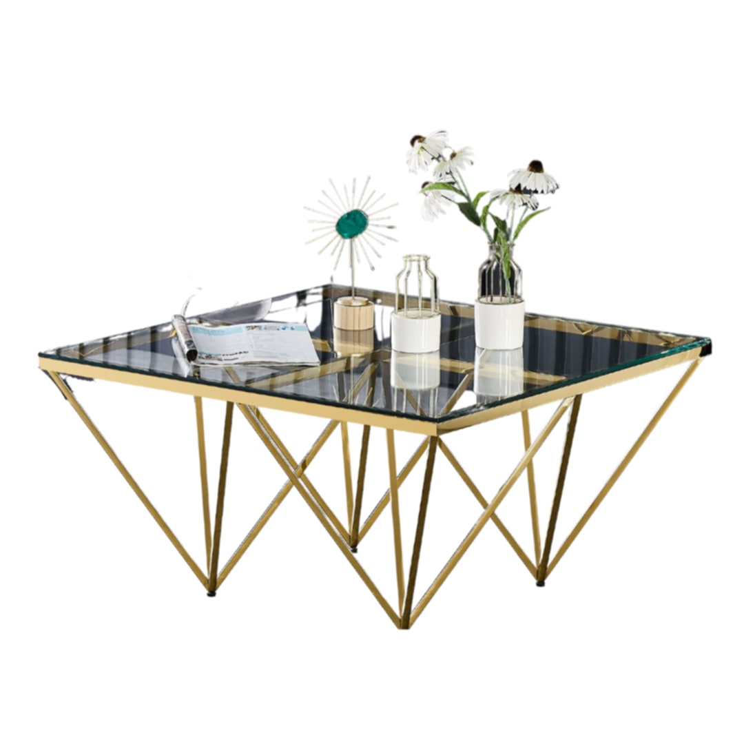 Table Basse Gize – Pieds Gold & Plateau Transparent 80x80 cm