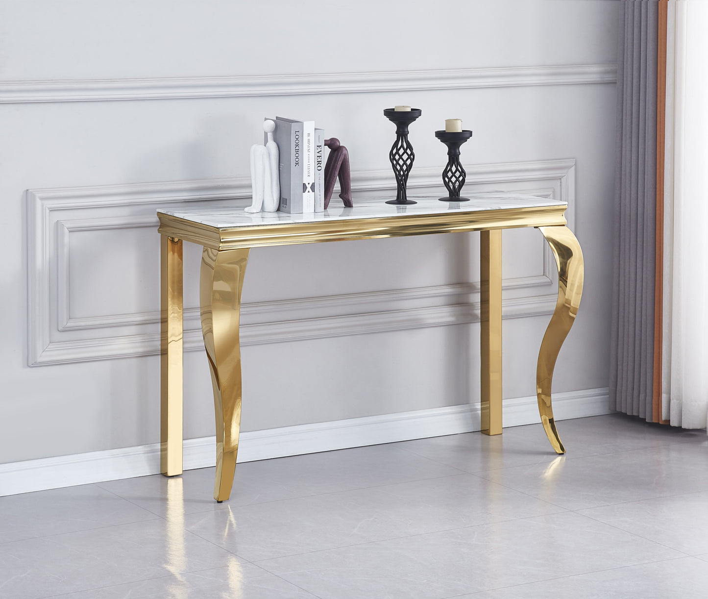 Console Baroque Gold avec Plateau Verre et Marbre – 120x40x78 cm