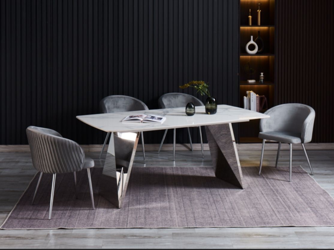Table à manger Graffi – Pieds chrome et plateau céramique effet marbre blanc 180x90x75 cm