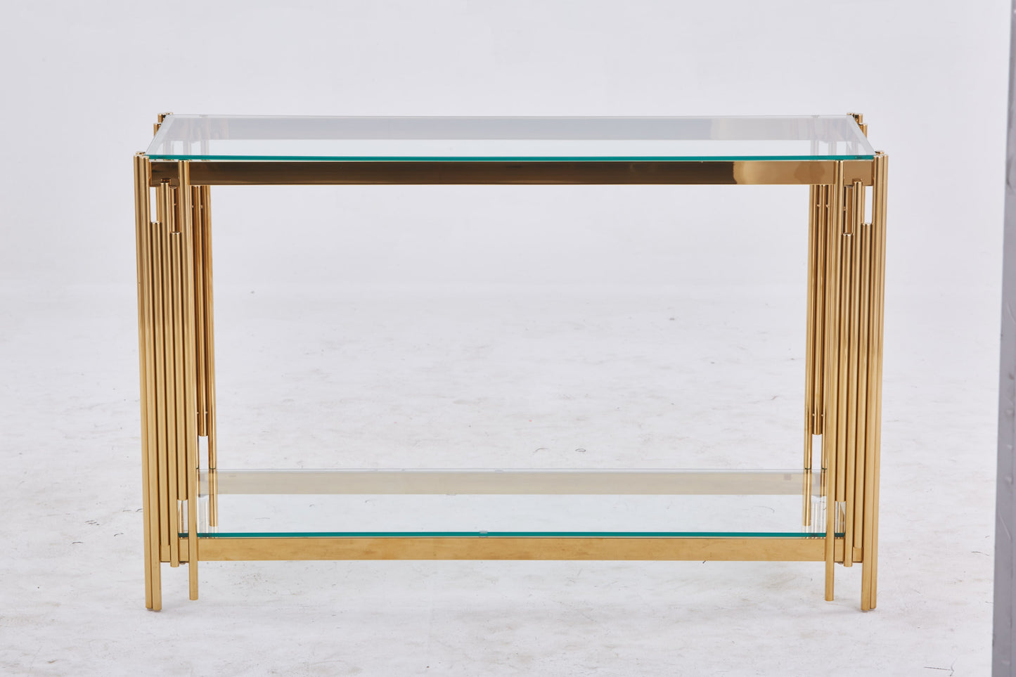 Console Flute en Métal Doré avec Plateau Verre Transparent – 120x40x78 cm