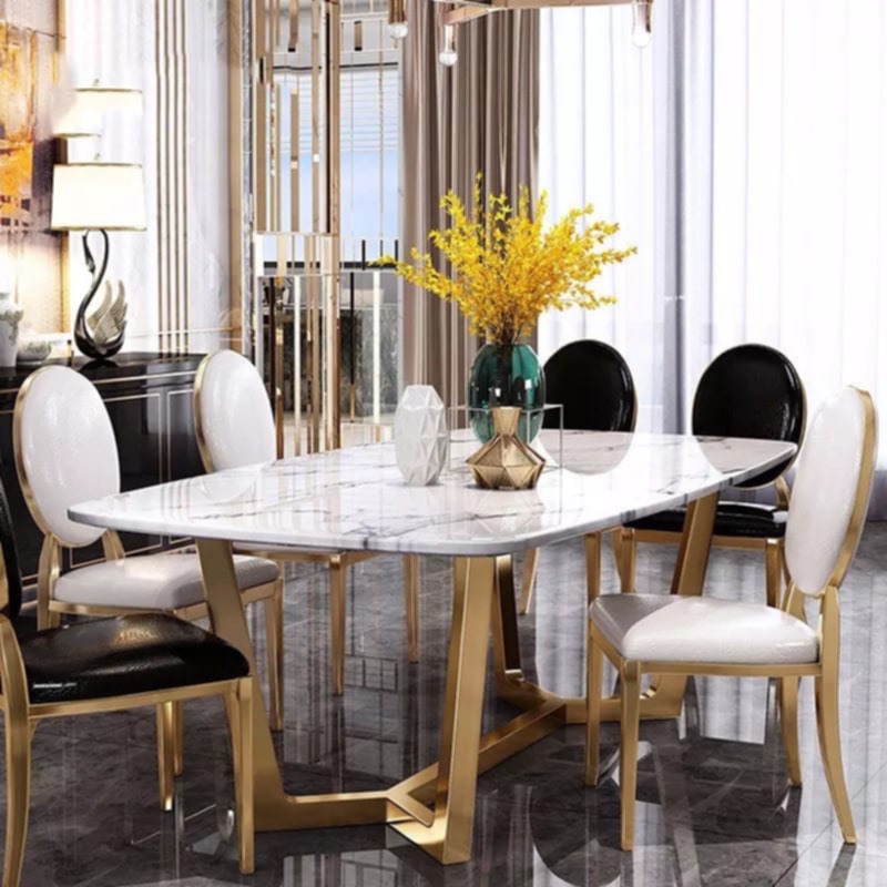 Table à manger Gossip – Pieds gold et plateau effet marbre blanc 180x90x75 cm