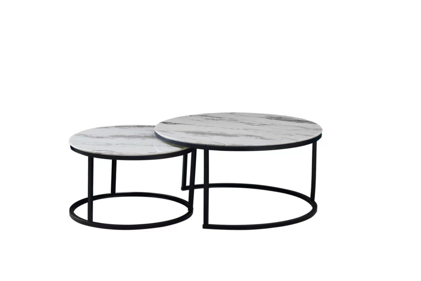 Table Basse Gigogne – Métal Noir & Plateau Verre Marbre Blanc