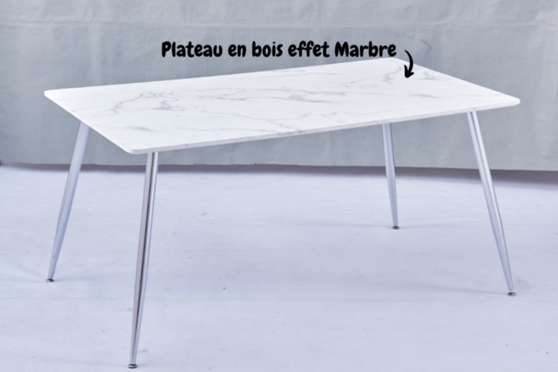 Table à manger Agnès – Pieds chrome et plateau effet marbre blanc 150x90x75 cm