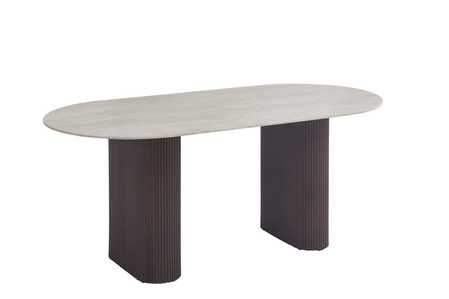 Table à manger Roxy 180x90 cm – Pieds métal, plateau céramique effet travertin mat et finition noyer