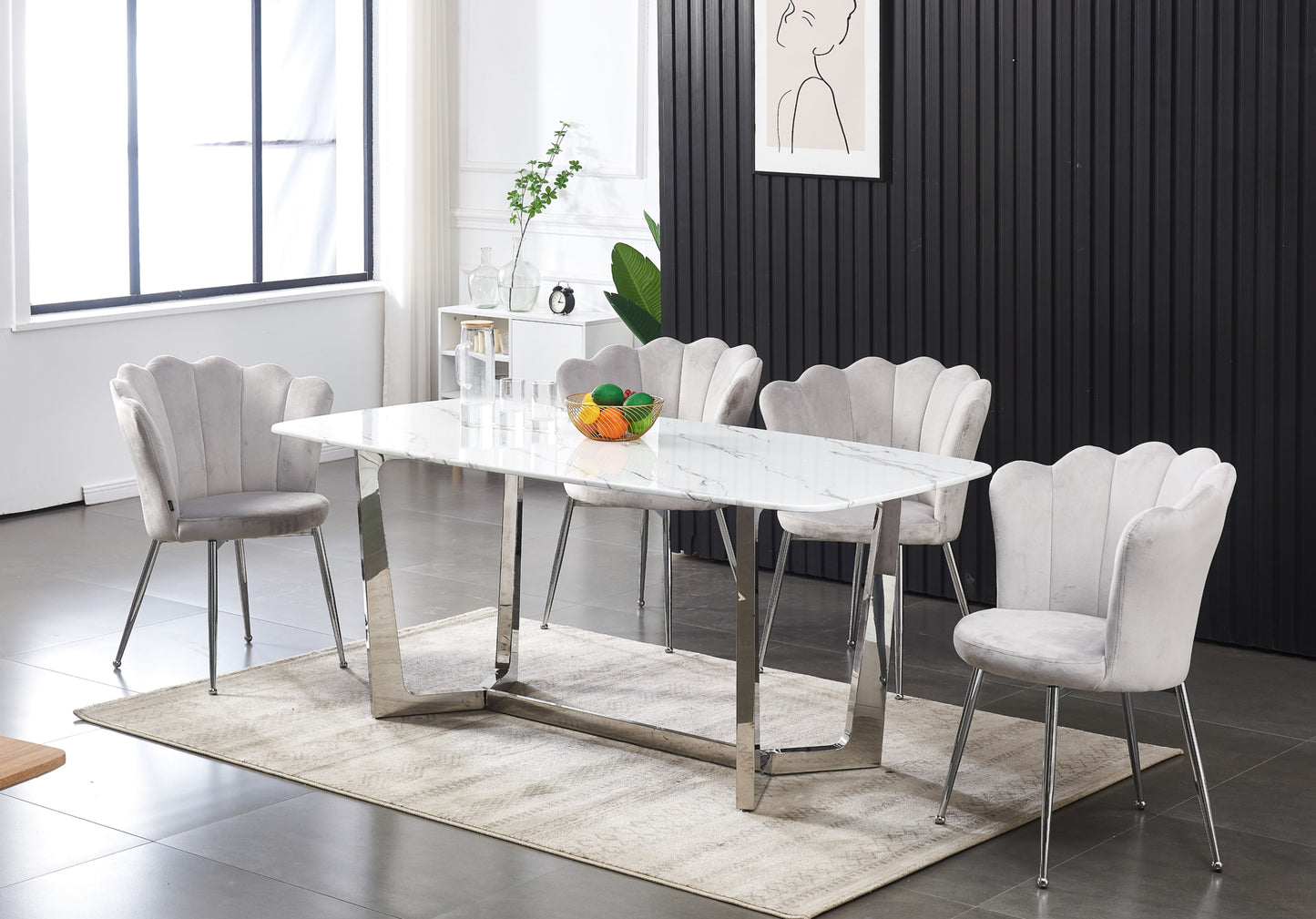 Table à manger Gossip – Pieds chrome et plateau effet marbre blanc 180x90x75 cm